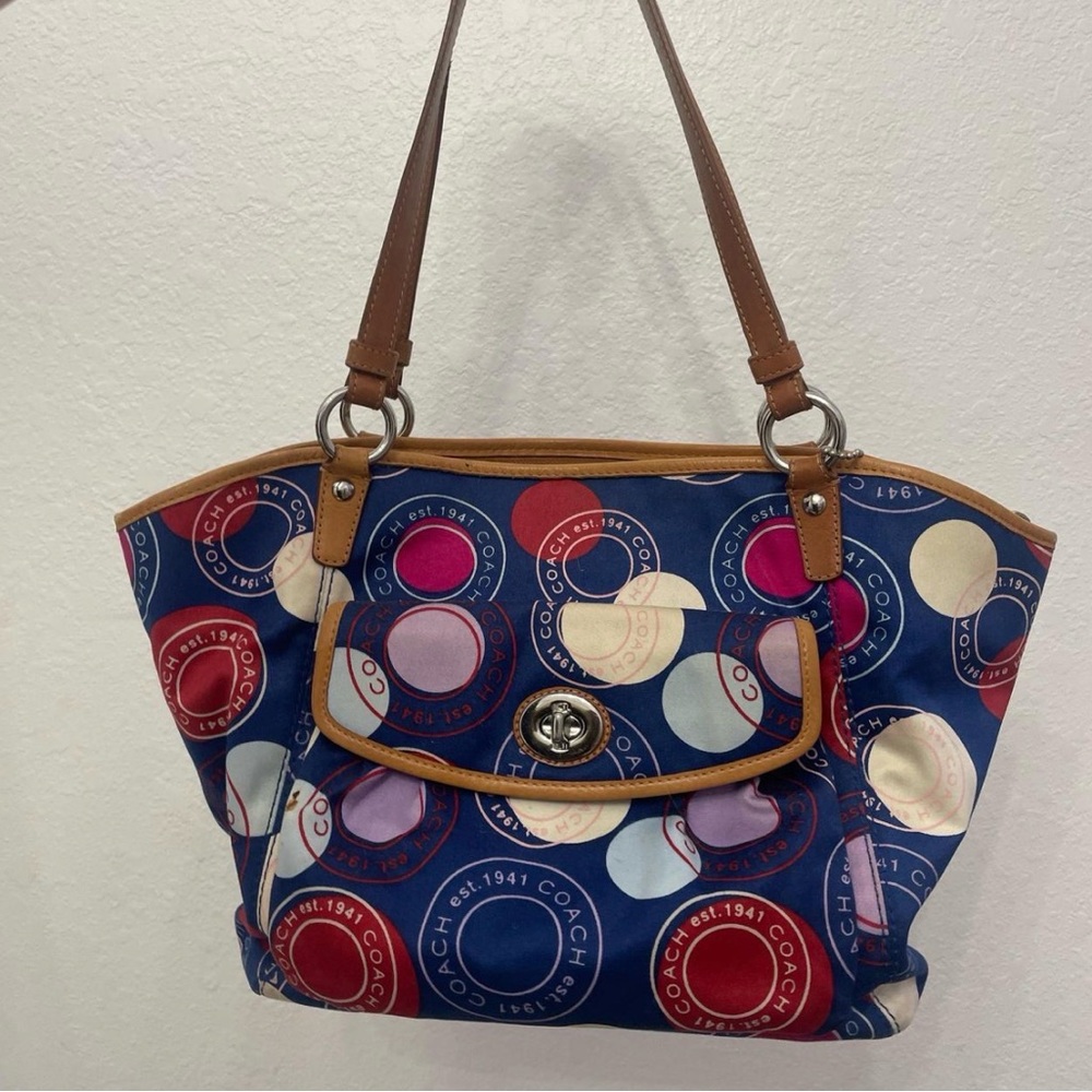 Coach Blue and Brown Circle Pattern Tote